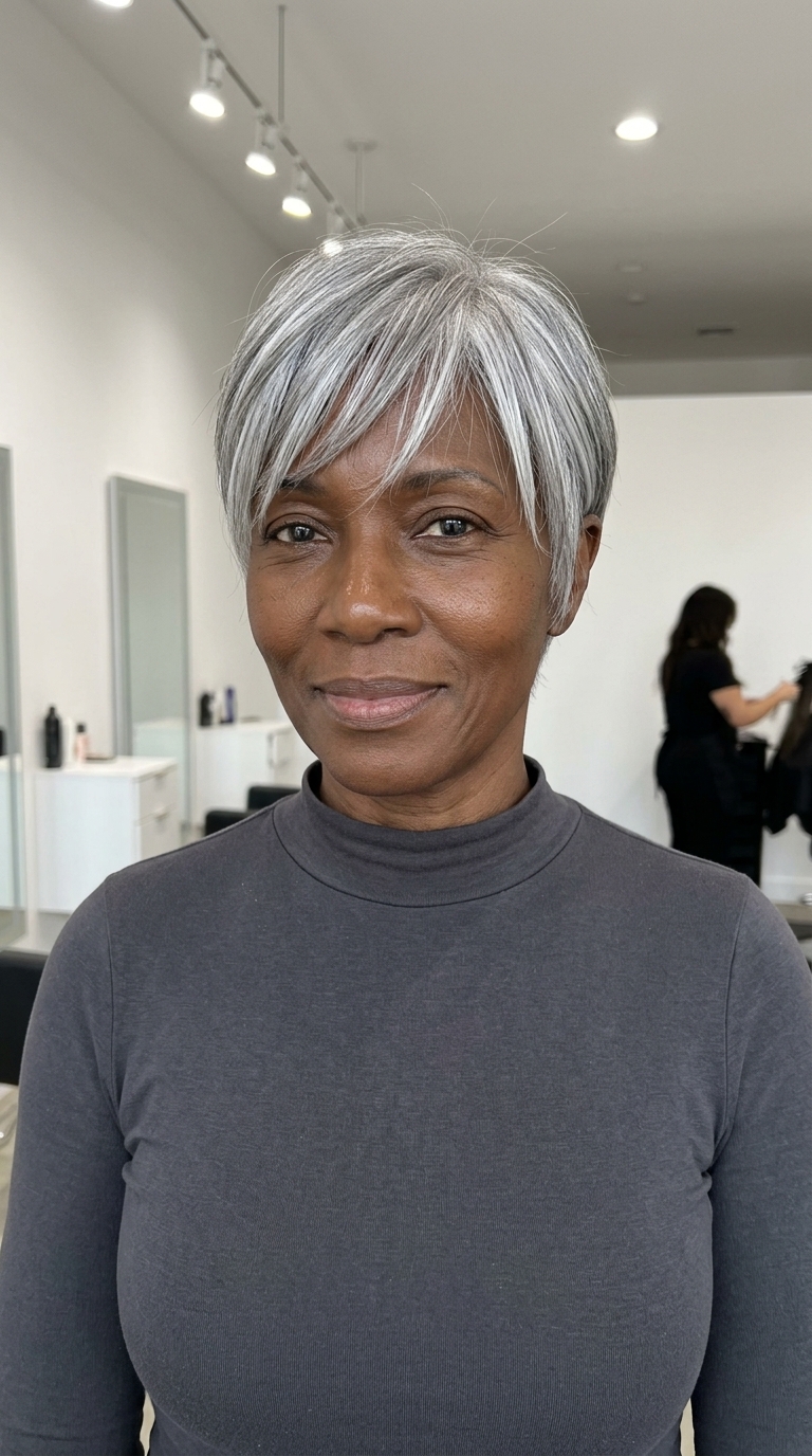 very short silver pixie haircut with ash babylights and wispy bangs — chic summer look