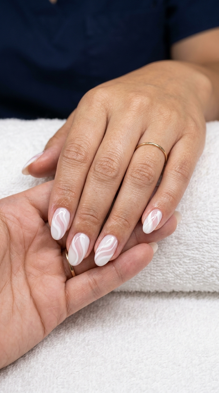 Simple summer acrylic nail designs 2026: Milky white coffin nails with abstract swirls for vacation.