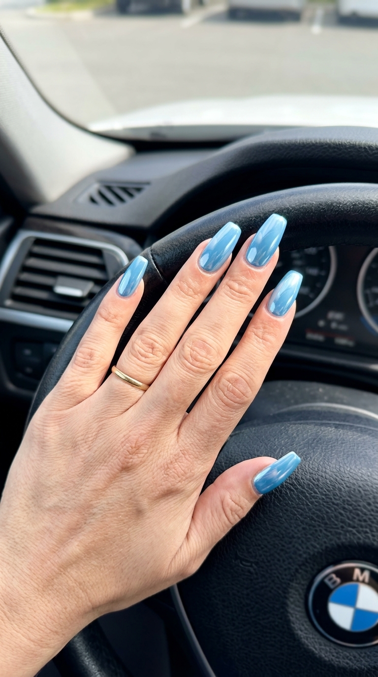 Light blue accent chrome acrylic nails for vacation. Simple summer acrylic nail designs 2026.