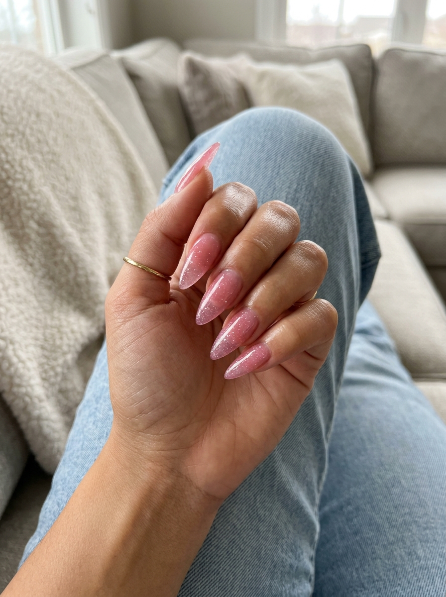 Sheer pink jelly stiletto acrylics with iridescent glitter for festivals and parties.