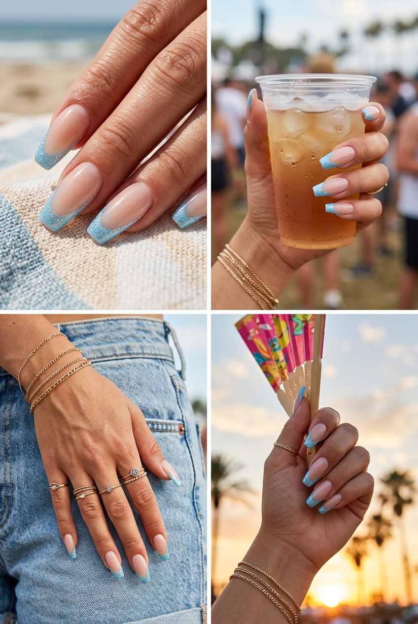 Sheer nude acrylic nails with light blue micro glitter French tips, perfect for festivals and summer parties. Simple summer acrylic nail designs 2026.