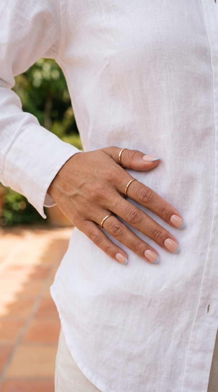 Light blue micro French acrylic nails for vacation, casual, or work. Simple summer acrylic nail designs 2026.