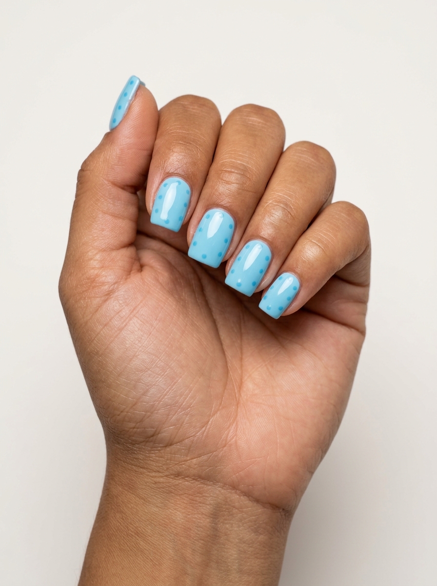 Light blue polka dot acrylic nails for casual, weekend, or picnic outings. Simple summer acrylic nail designs 2026.