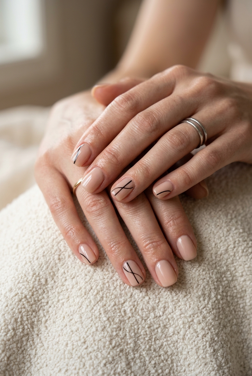Nude abstract line art acrylic nails for work. Simple summer acrylic nail designs 2026.