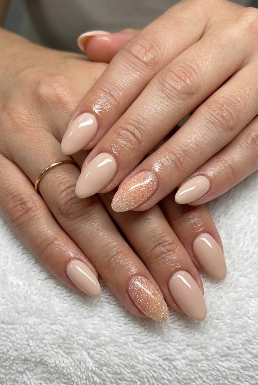 Peach fuzz glitter acrylic nails for casual, vacation, or weekend. Simple summer acrylic nail designs 2026.