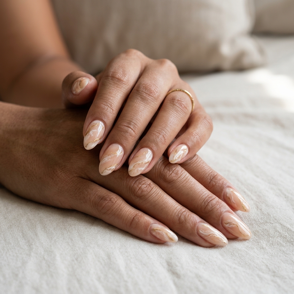 Peach fuzz marble dreams acrylic nails for party. Simple summer acrylic nail designs 2026.