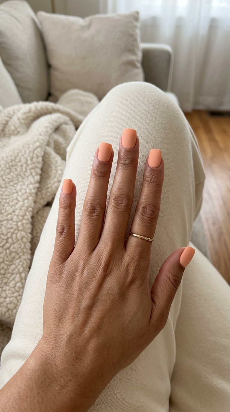 Peach fuzz matte square acrylic nails for casual, work, or daily wear. Simple summer acrylic nail designs 2026.