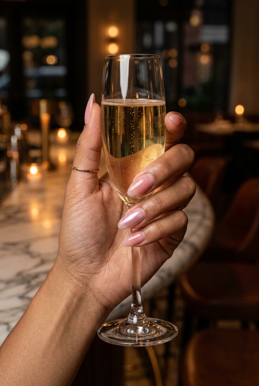 Medium almond acrylic nails with sheer pink base and iridescent sheer pink chrome accent. Glamorous for date nights. Simple summer acrylic nail designs 2026.
