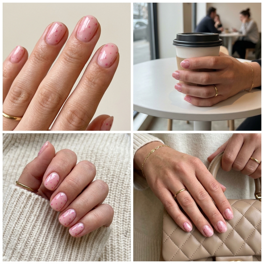 Short square acrylic nails with sheer pink base and subtle deeper pink dots. Effortless daily style. Simple summer acrylic nail designs 2026.