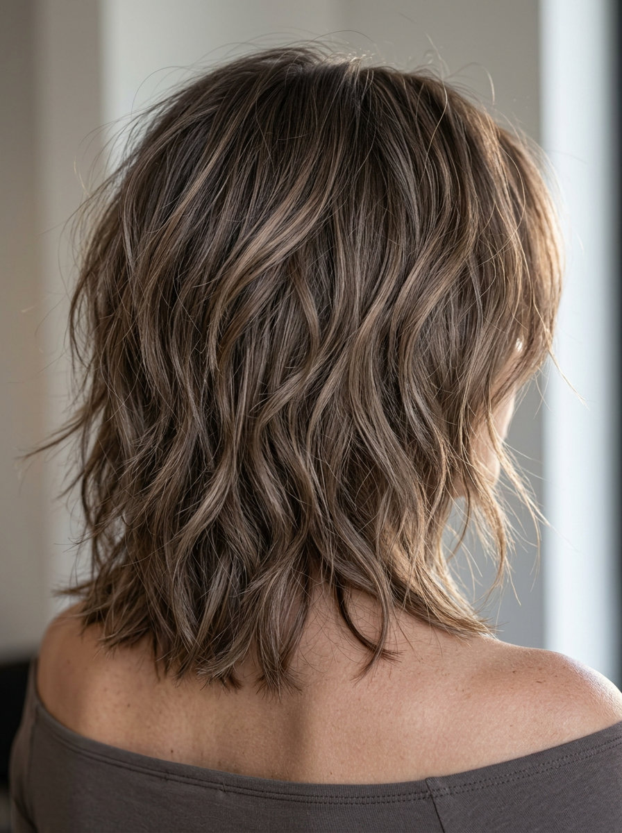 medium shag with smoked caramel balayage and curtain bangs for festival