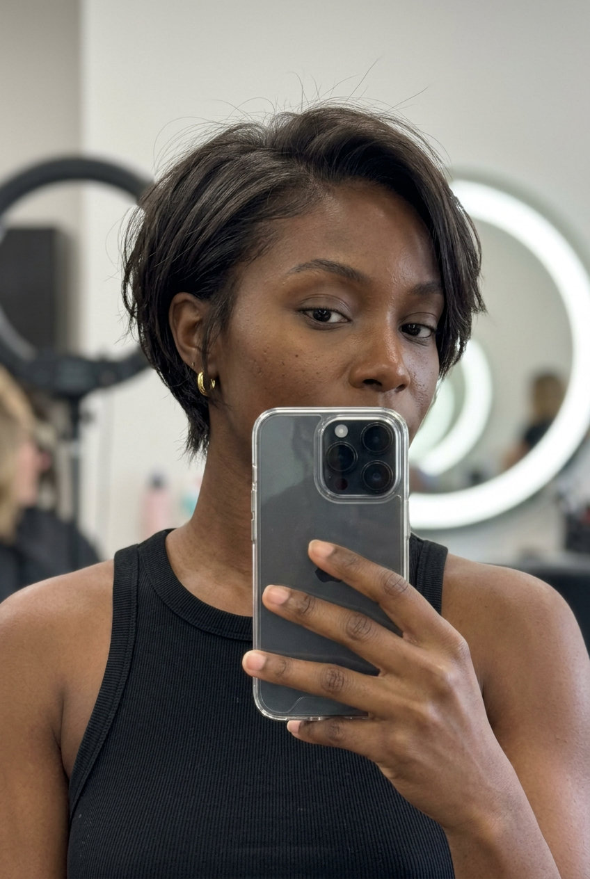 very short dimensional espresso brunette hair color with charcoal lowlights, razored pixie, piecey ends — minimalist casual outing