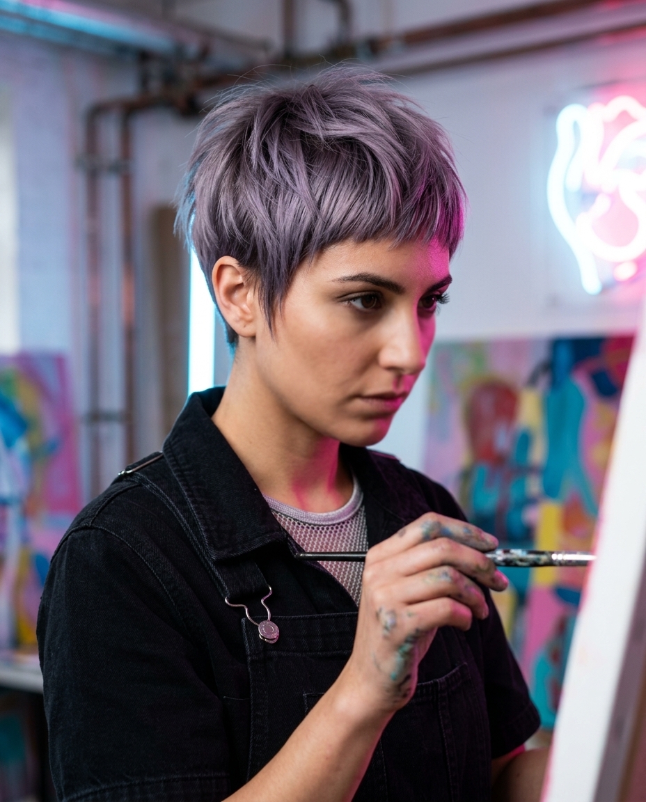 short layered pixie in smoky lavender with ash grey undertones, piecey micro-fringe — edgy artistic festival