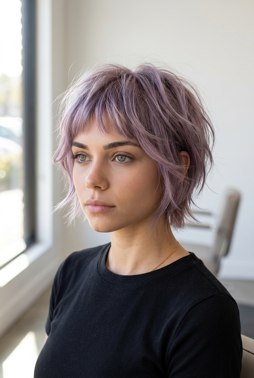 short bixie haircut with smoky lilac, pastel violet, micro-fringe for summer