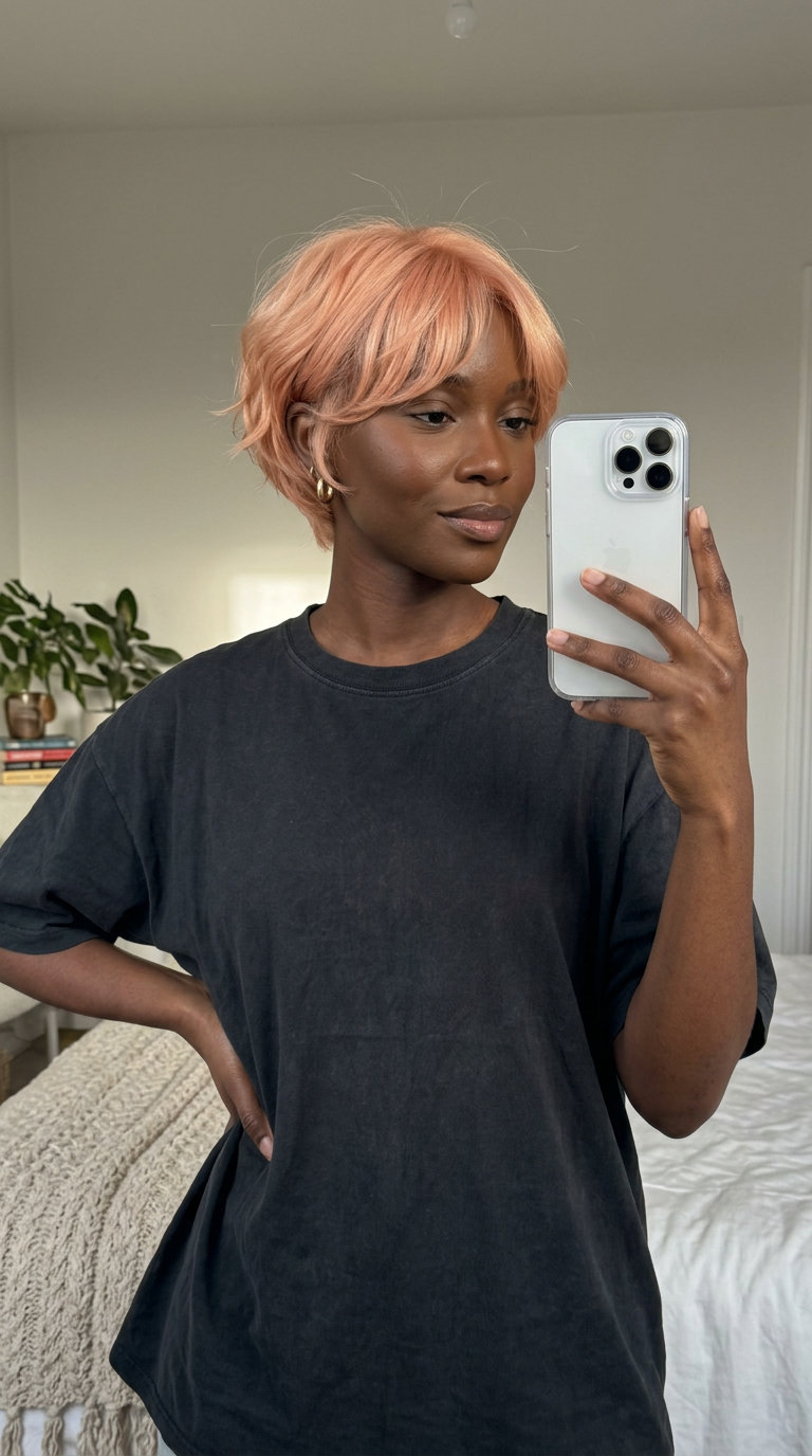 short bixie haircut in soft apricot crush with strawberry blonde undertones and curtain bangs for daily wear