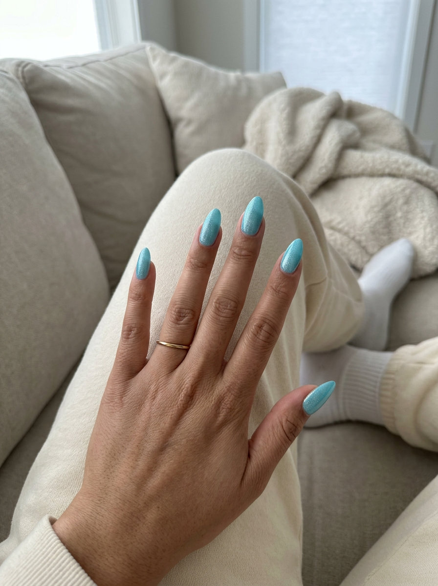 Ocean Shimmer Aqua Almonds: Solid summer nails 2026 in vibrant aqua blue with silver shimmer for vacation.