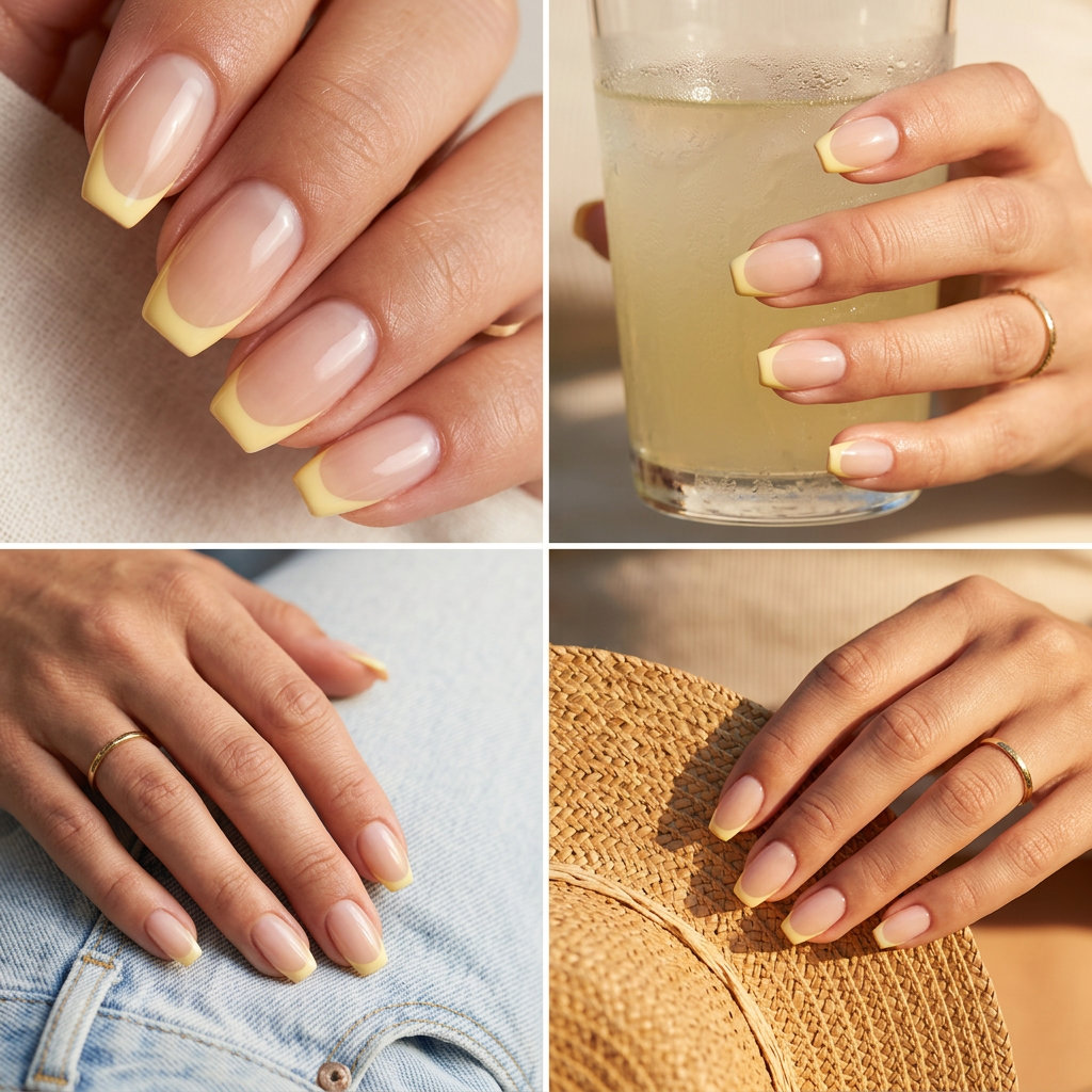 Butter Yellow French Sweetheart: Sweet solid summer nails 2026 with soft yellow tips.