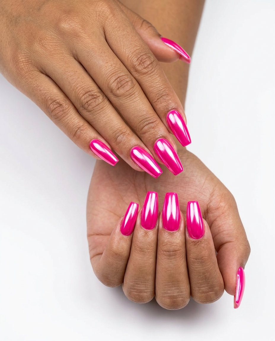 Chrome Hot Pink Coffin: Bold solid summer nails 2026 with a futuristic chrome finish.
