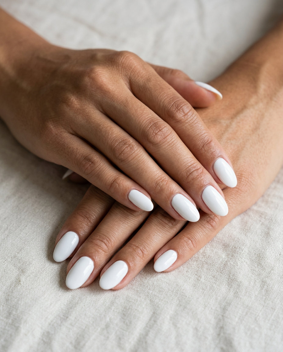 Classic White Oval Polish nails for a wedding guest, featuring solid summer nails 2026.