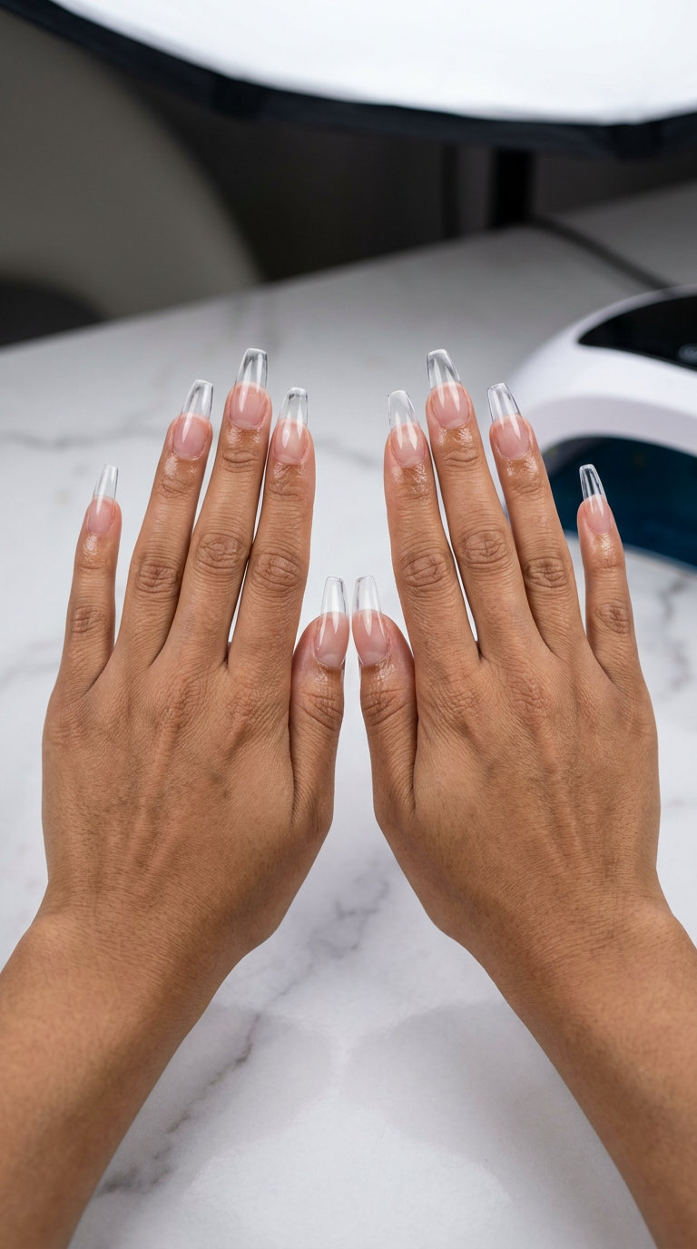 Crystal Clear Edge Stiletto nails for a futuristic night out, showcasing solid summer nails 2026 trends.