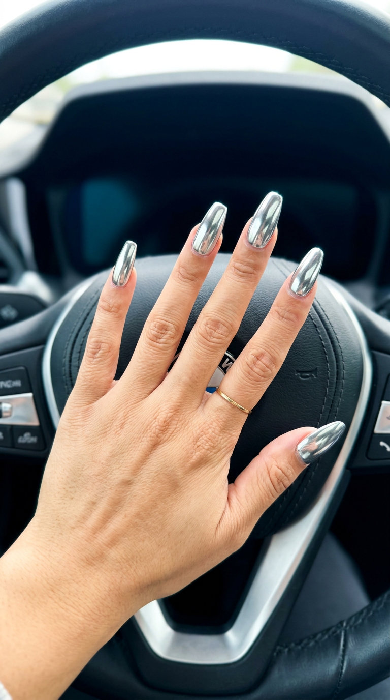 Cyber Silver Flare nails for a futuristic festival, showcasing solid summer nails 2026.