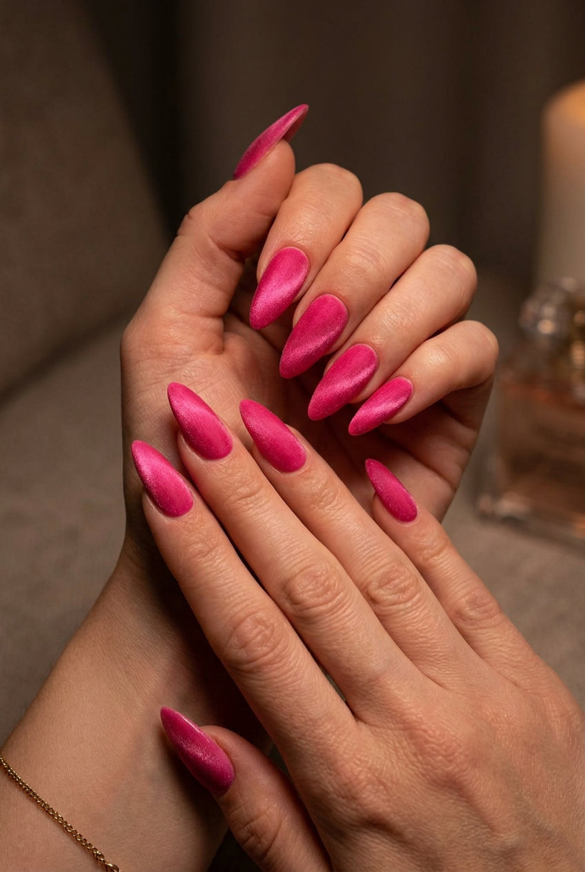 Hot Pink Velvet Stiletto nails for a glamorous party, featuring solid summer nails 2026.