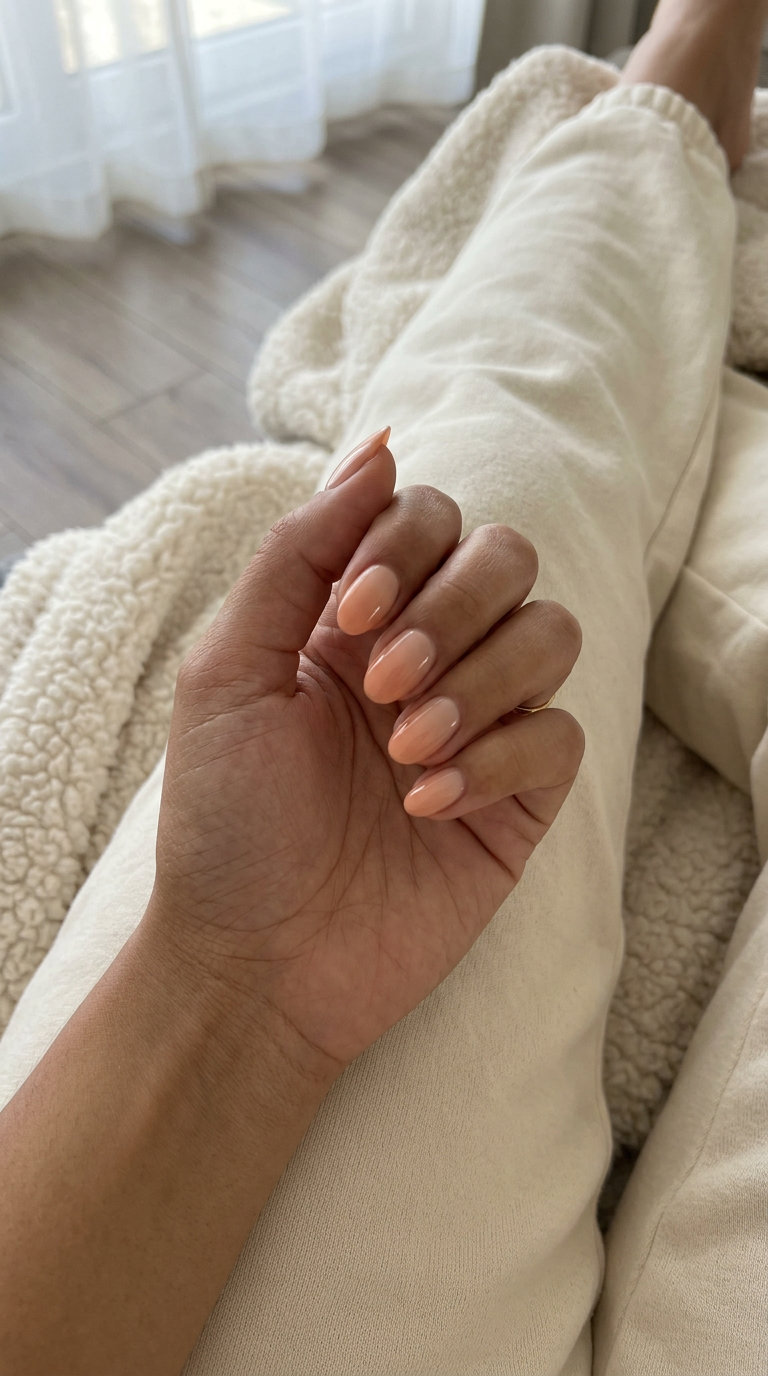 Sunset Peach Ombre Ovals: Romantic solid summer nails 2026 with a soft gradient.