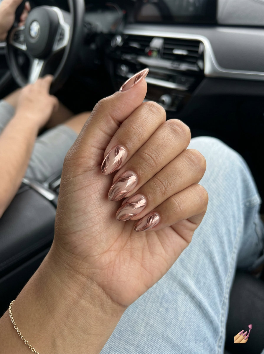 Rose Gold Marble Chic Almond nails: Sophisticated solid summer nails 2026 for date nights and special occasions.