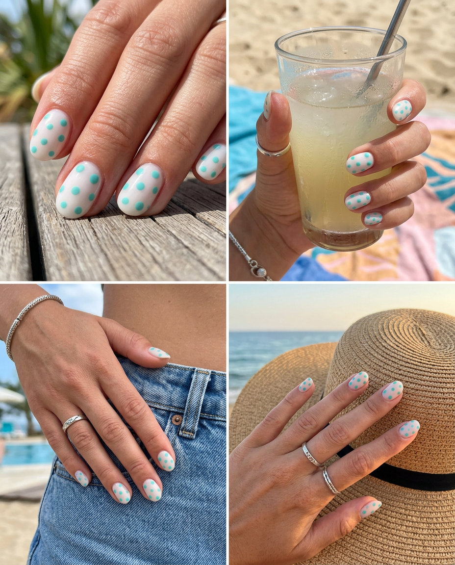 Playful teal dot accent nails on a sheer milky white base for solid summer nails 2026, perfect for casual days.