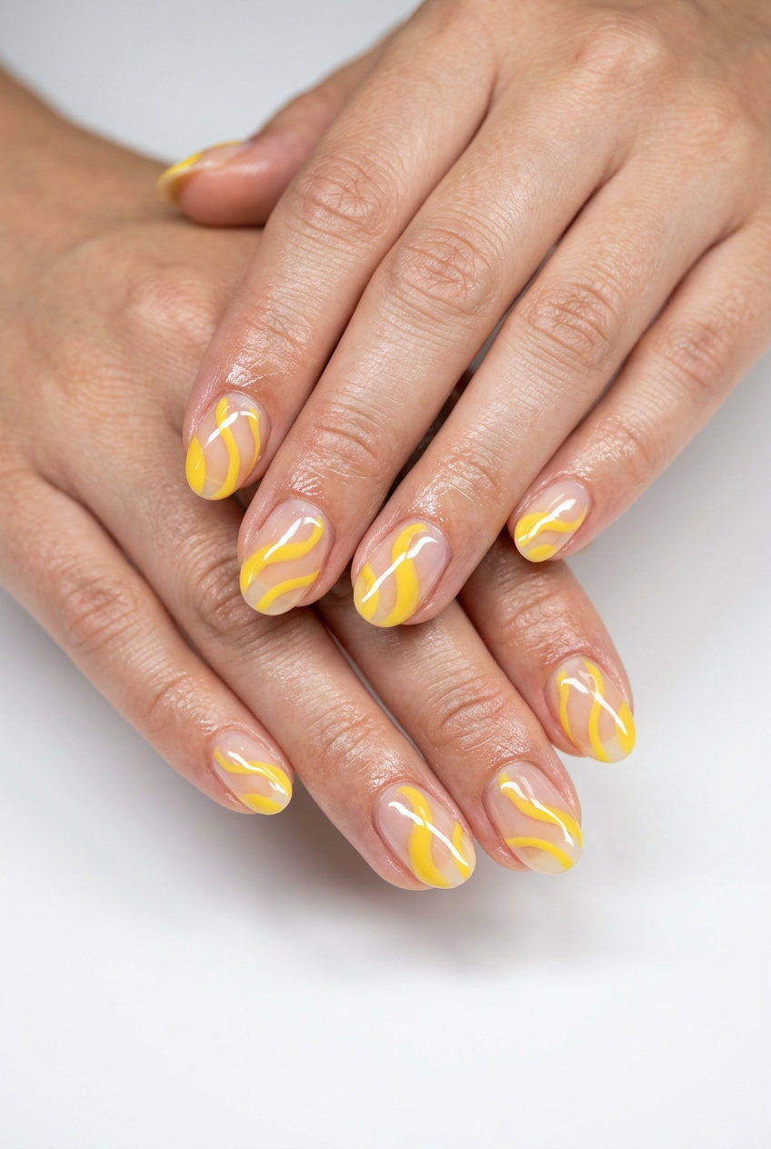 Sunny Yellow Swirls: Playful solid summer nails 2026 with abstract yellow designs.