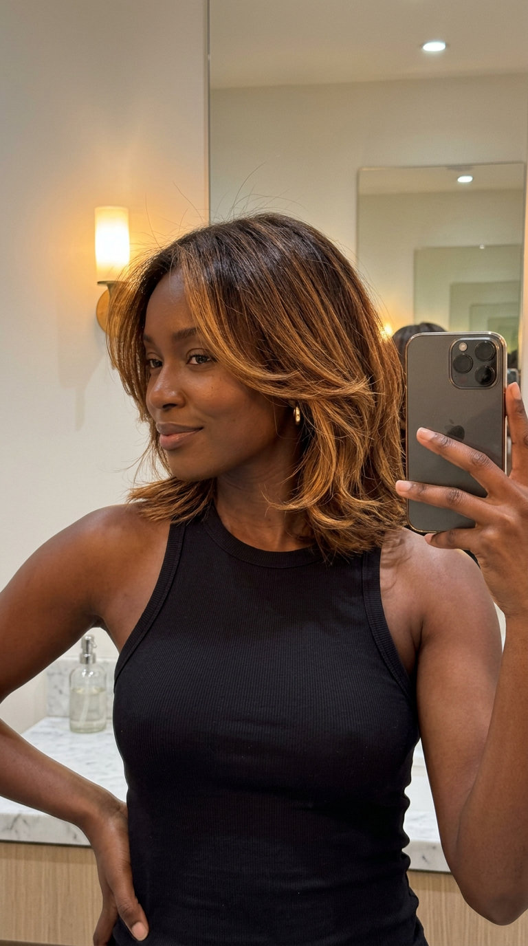 long spiced walnut balayage with golden amber highlights and natural roots for summer