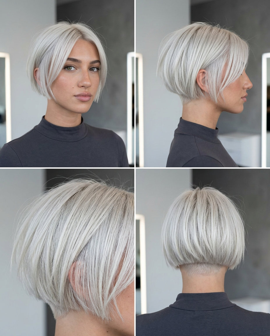 short stark platinum micro bob with silver undertones, undercut nape, no bangs — rebellious