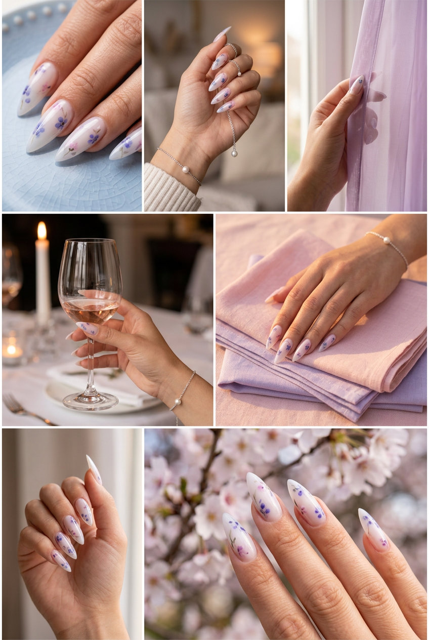 Sweet blueberry milk bath stiletto nails 2026 for romantic weddings and bridal showers.