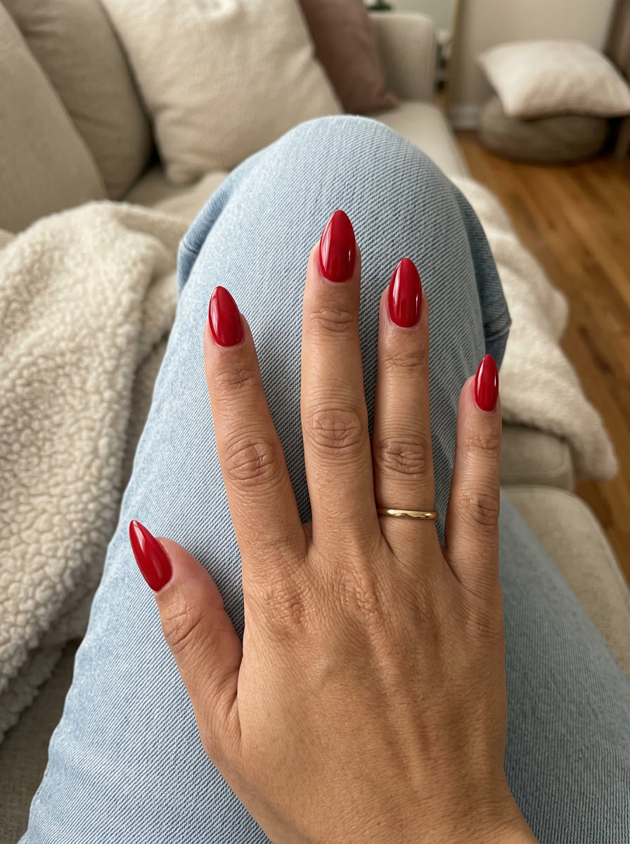 Classic candy apple red stiletto summer nails 2026 with a high-gloss finish for cocktail parties.