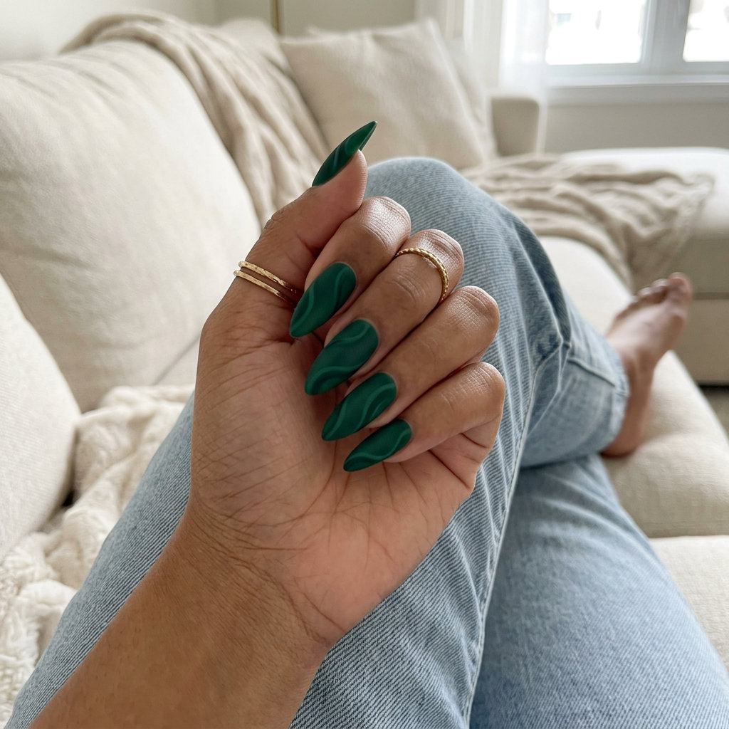 Emerald velvet swirl stilettos for formal events and date nights. Sophisticated, luxurious, and mysterious look. Stiletto summer nails 2026.