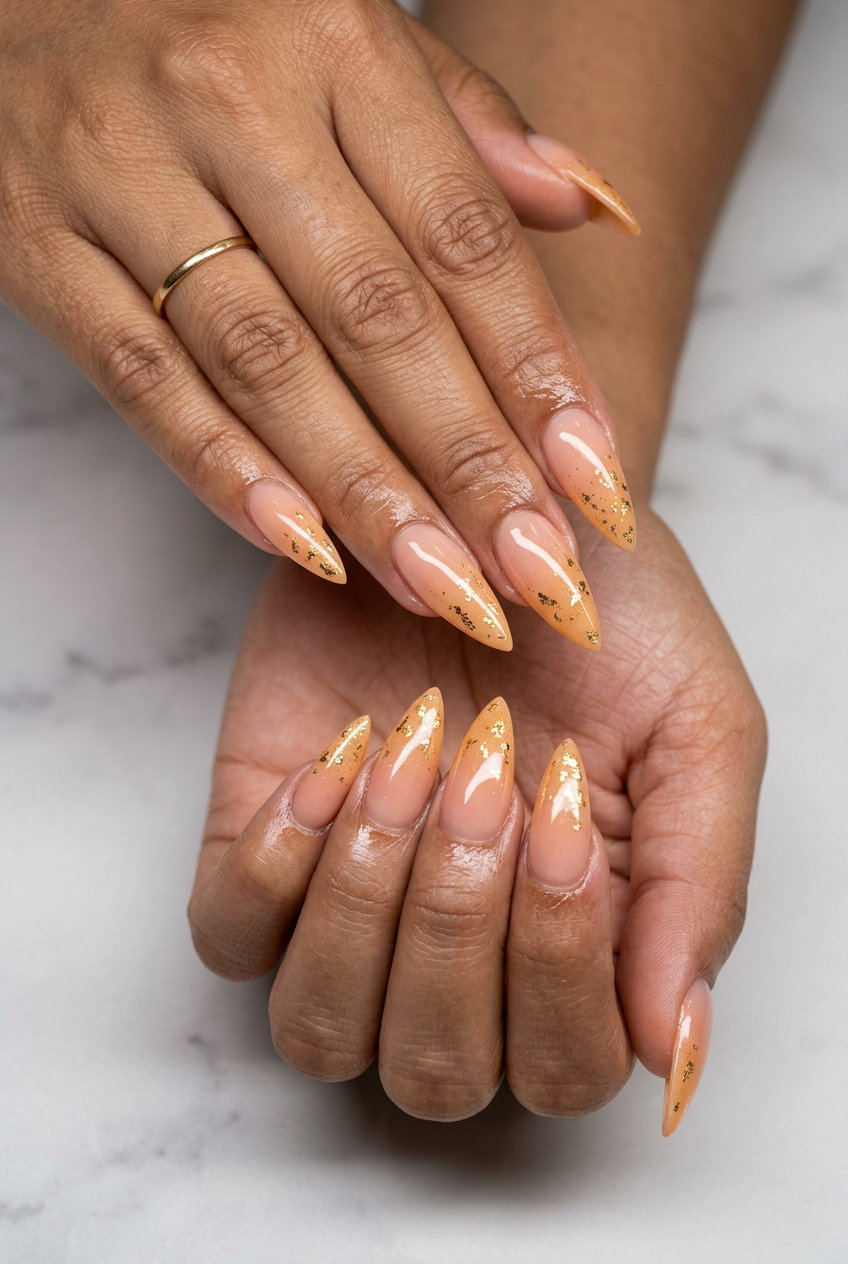 Golden hour peach ombre stiletto summer nails 2026 with gold foil for a romantic vacation vibe.