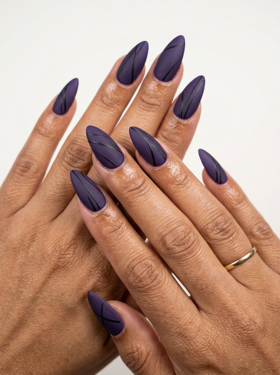 Gothic abstract line stiletto nails for edgy fashion events and nights out. Sophisticated, mysterious, and edgy style. Stiletto summer nails 2026.