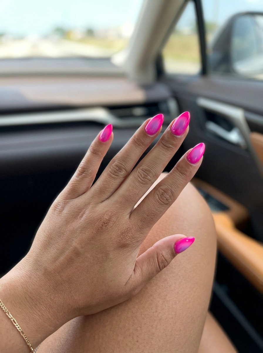Vibrant hot pink aura stiletto nails for festivals and concerts. Bold, energetic, and playful look. Stiletto summer nails 2026.