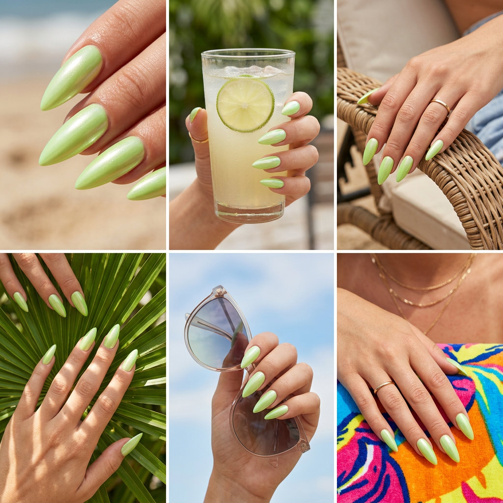 Luminous lime pearlescent stiletto nails for summer vacation and festivals. Playful, radiant, and whimsical look. Stiletto summer nails 2026.