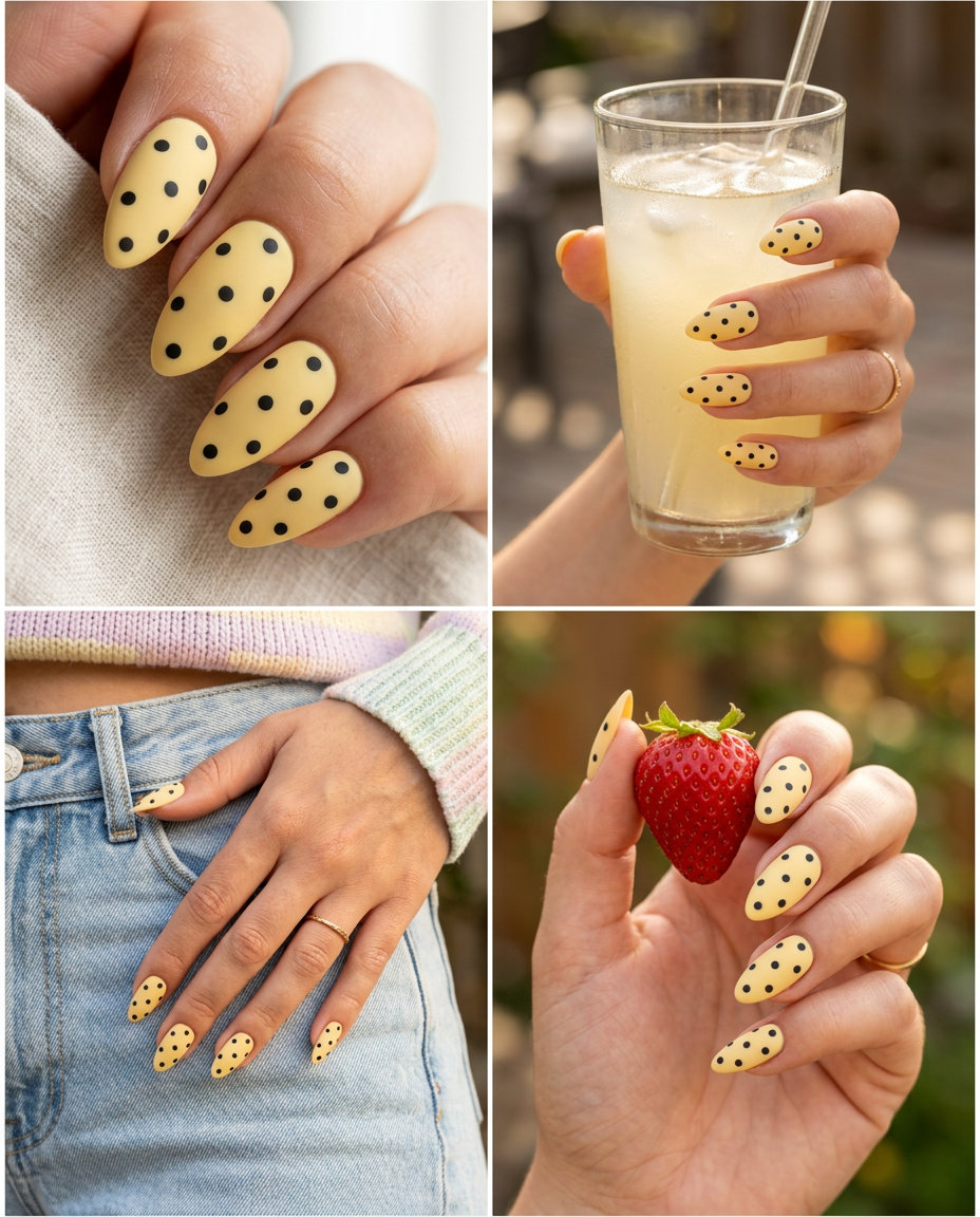 Sunshine matte polka dot stilettos for casual daily wear and brunch. Whimsical, cheerful, and playful look. Stiletto summer nails 2026.