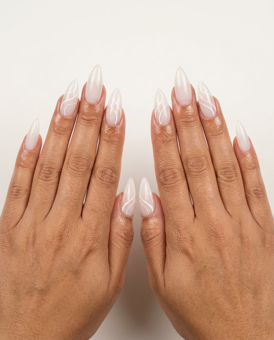 Minimalist sheer milky swirl stiletto nails for daily wear, date night, and weddings. Sophisticated, romantic style. Stiletto summer nails 2026.