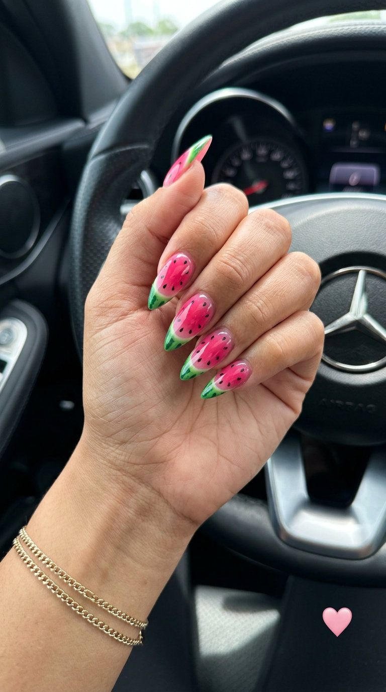 Watermelon slice stiletto art for summer vacation and beach parties. Playful, fruity, and vibrant look. Stiletto summer nails 2026.