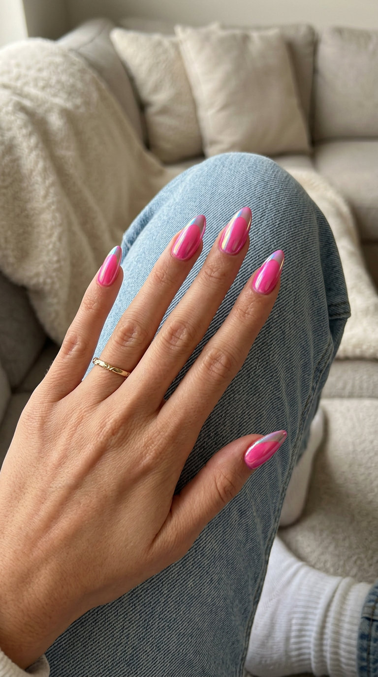 Y2K pink chrome French stiletto nails 2026 for playful festivals and nostalgic party looks.