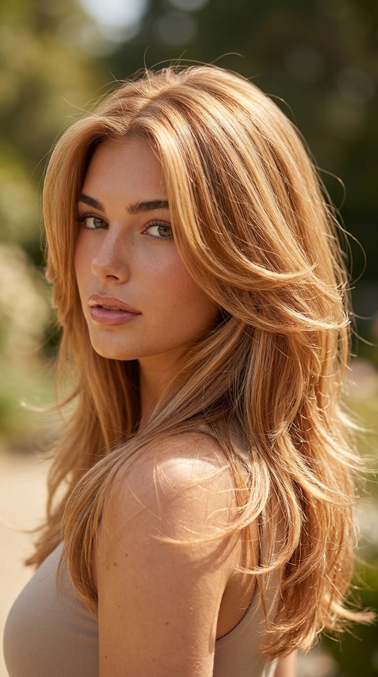long strawberry blonde butterfly haircut with golden babylights, face-framing layers — glamorous formal event