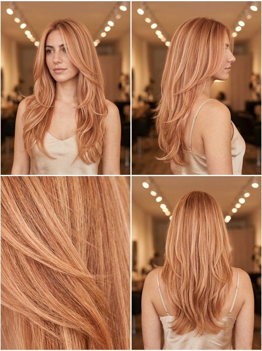 long layered haircut in soft strawberry blonde with peachy babylights, seamless layers — romantic summer wedding guest