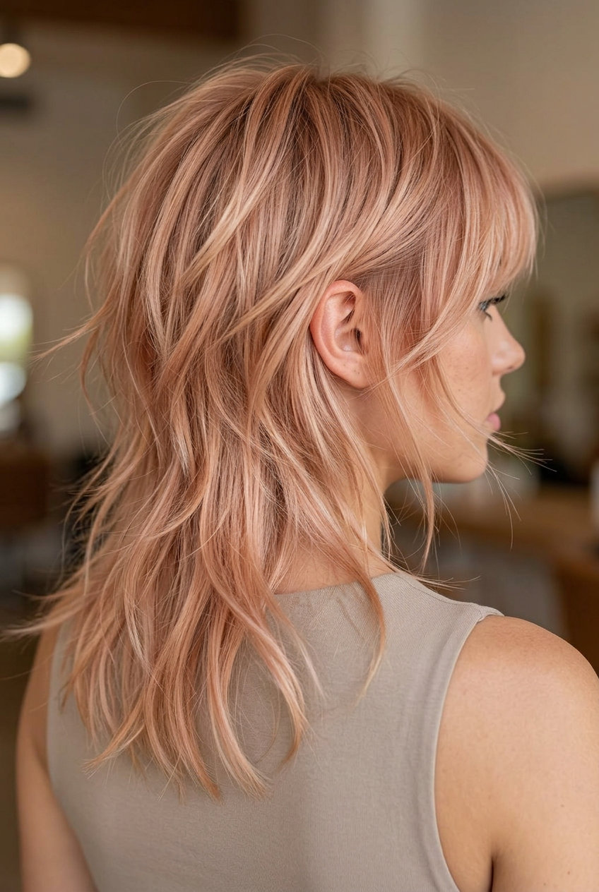 Strawberry Blonde Mullet 2026 medium choppy summer modern mullet haircut 2026 with strawberry blonde, golden peach undertones, soft curtain bangs — romantic & ethereal