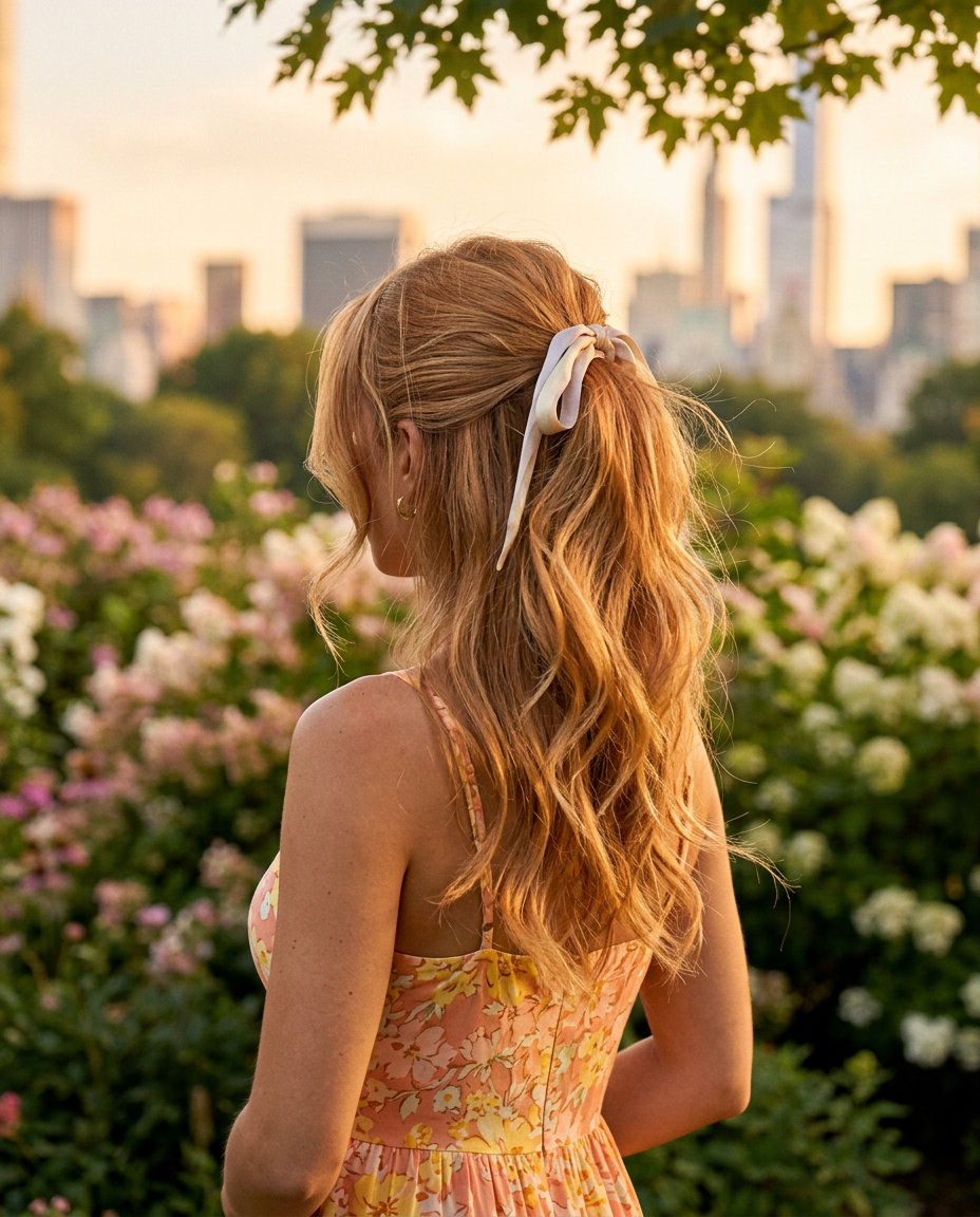 mid-length layered strawberry blonde half up half down with golden-copper babylights, face-framing layers, soft V-cut — playful summer picnic