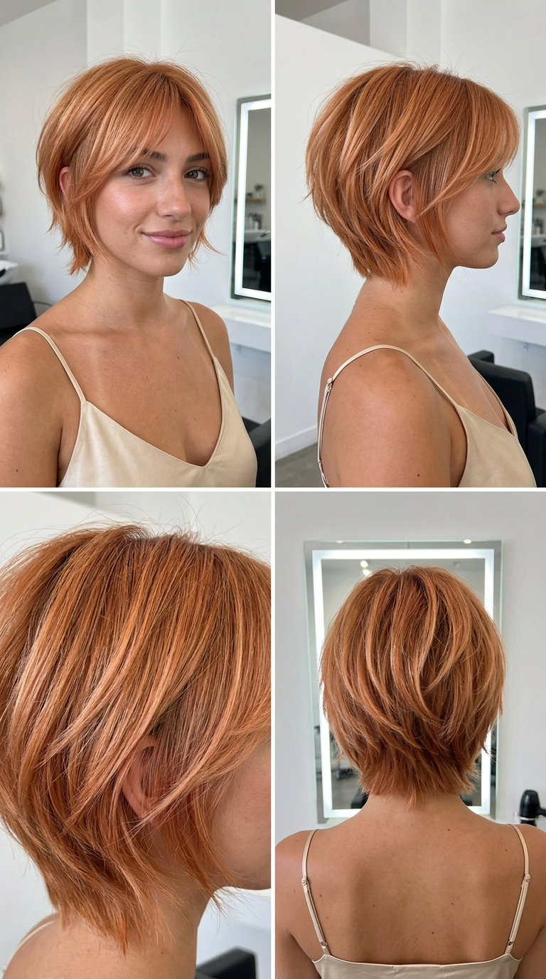 short bixie haircut with fiery strawberry blonde, copper-gold base, wispy fringe for summer
