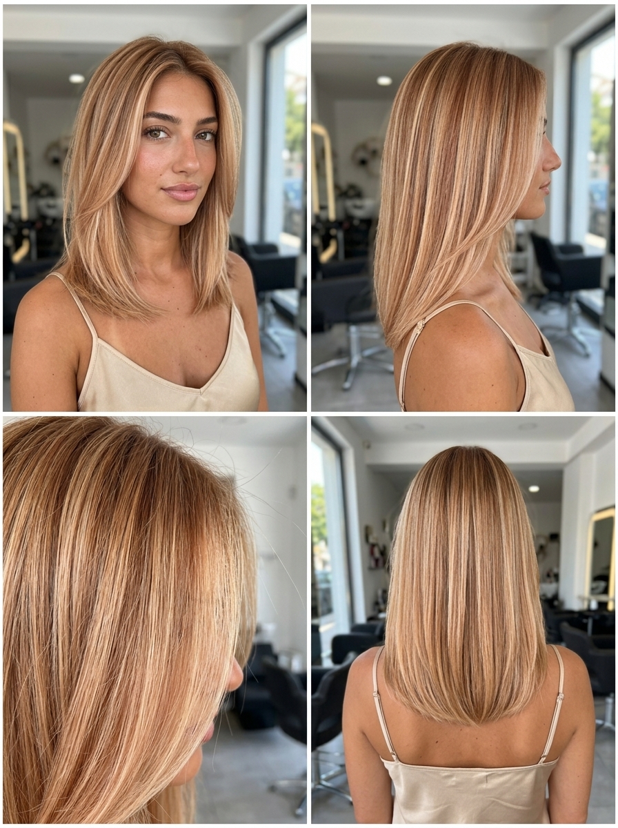 long strawberry cream foilayage with golden undertones and root smudge for professional events