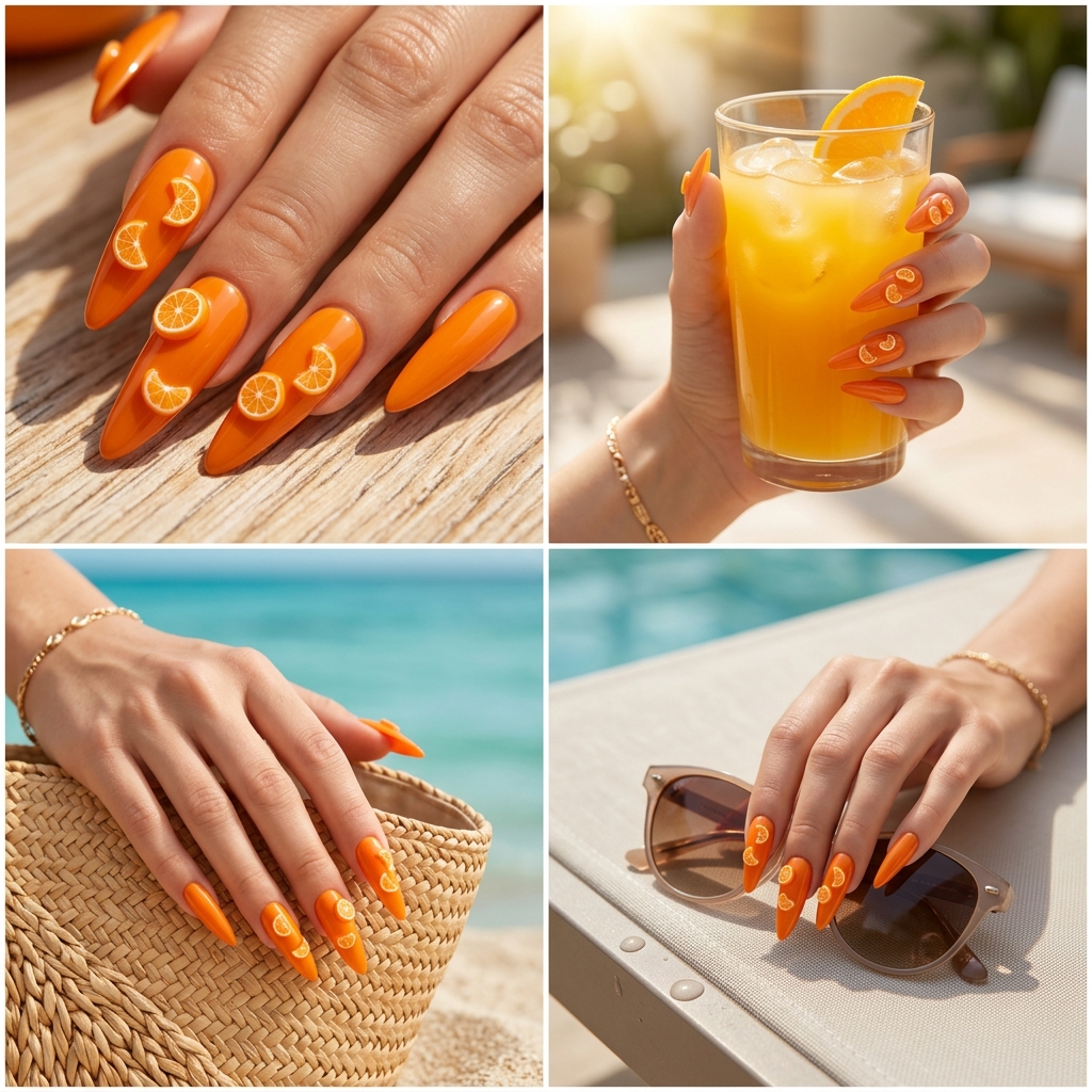 3D Orange Slice Stiletto Sparkle nails for summer citrus nail art 2026. Playful bright orange with 3D orange slice charms for festivals.