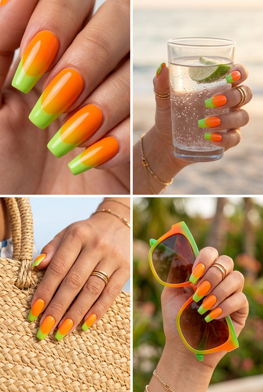 Citrus Color Block French nails with bright orange and lime green reverse tips for summer citrus nail art 2026.